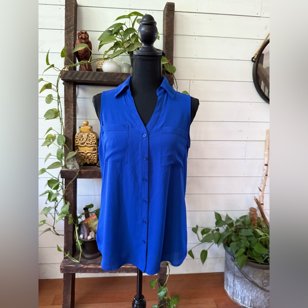 Express: Blue Sleeveless Button-Up Blouse with Cold Shoulder Back - Picture 14 of 17